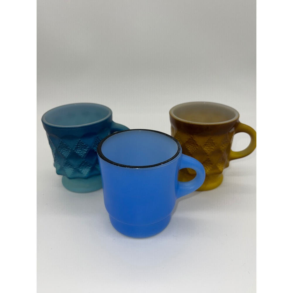 Vintage Fire-King Milk Glass Mugs Set of 3 Kimberly Diamond Blue Amber Stackable